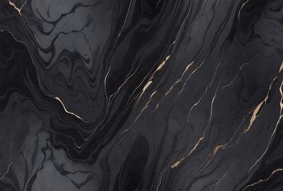The primary subject of the image is a black and gold marble countertop. The setting is a kitchen, with the countertop being the main focus of the scene. The visual style is a close-up of the marble countertop, showcasing its intricate patterns and textures. The dominant colors are black and gold, creating a luxurious and elegant atmosphere.