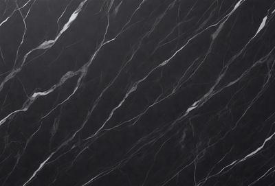 The primary subject of the image is a black marble wall with a pattern of white veins. The setting is a dark room, and the visual style is a close-up of the marble wall. The colors and mood of the image are predominantly dark, with the white veins on the black marble wall providing a contrasting element.