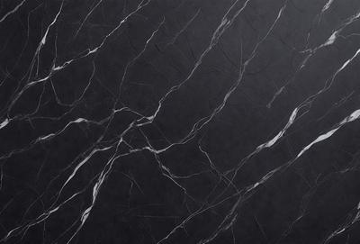 The primary subject of the image is a black marble wall with a pattern of white veins. The setting is a dark room, and the visual style is a close-up of the marble wall. The colors and mood of the image are predominantly dark, with the white veins on the black marble wall providing a contrasting element.