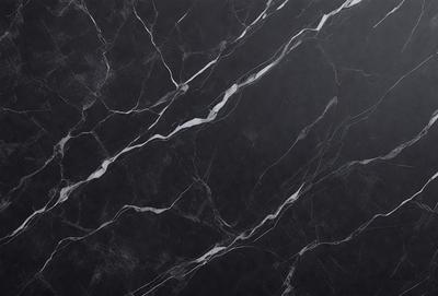 The primary subject of the image is a black marble countertop. The setting is a kitchen, with the countertop being the main focus of the scene. The visual style is a close-up of the marble countertop, showcasing its texture and pattern. The colors and mood of the image are predominantly dark, with the black marble countertop being the main source of contrast.