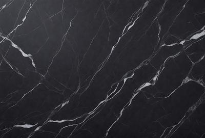 The primary subject of the image is a black marble countertop. The setting is a kitchen, with the countertop being the main focus of the scene. The visual style is a close-up of the marble countertop, showcasing its texture and pattern. The colors and mood of the image are predominantly dark, with the black marble countertop being the main source of contrast.