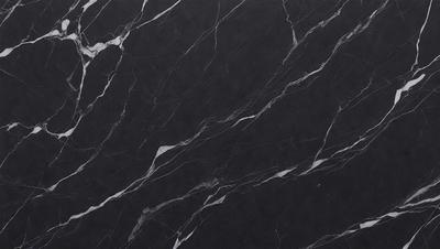 The primary subject of the image is a marble countertop with a black and white pattern. The setting is a kitchen, and the visual style is a close-up of the marble countertop. The colors and mood of the image are predominantly black and white, giving it a classic and elegant appearance.