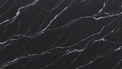 The primary subject of the image is a marble countertop with a black and white pattern. The setting is a kitchen, and the visual style is a close-up of the marble countertop. The colors and mood of the image are predominantly black and white, giving it a classic and elegant appearance.