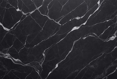 The primary subject of the image is a black marble countertop. The setting is a kitchen, with the countertop being the main focus of the scene. The visual style is a close-up of the marble countertop, showcasing its texture and pattern. The colors and mood of the image are predominantly dark, with the black marble countertop being the main source of contrast.