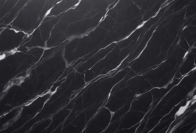 The primary subject of the image is a black marble countertop with a pattern of white veins. The setting is a kitchen, and the visual style is a close-up of the marble countertop. The colors and mood of the image are predominantly black and white, giving it a classic and elegant appearance.