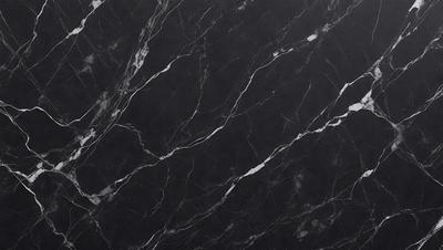 The primary subject of the image is a marble countertop with a black background. The countertop features a pattern of white and black veins, giving it a unique and elegant appearance. The visual style of the image is a close-up of the marble countertop, showcasing its intricate details. The colors and mood of the image are predominantly black and white, creating a sophisticated and timeless atmosphere.