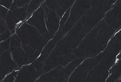 The primary subject of the image is a black marble countertop. The setting is a kitchen, with the countertop being the main focus of the scene. The visual style is a close-up of the marble countertop, showcasing its texture and pattern. The colors and mood of the image are predominantly dark, with the black marble countertop being the main source of contrast.