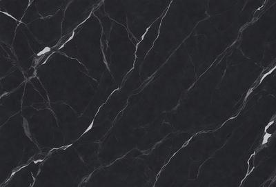 The primary subject of the image is a black marble countertop. The setting is a kitchen, with the countertop being the main focus of the scene. The visual style is a close-up of the marble countertop, showcasing its texture and pattern. The colors and mood of the image are predominantly dark, with the black marble countertop being the main source of contrast.
