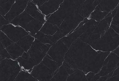 The primary subject of the image is a black marble countertop. The setting is a kitchen, with the countertop being the main focus of the scene. The visual style is a close-up of the marble countertop, showcasing its texture and pattern. The colors and mood of the image are predominantly dark, with the black marble providing a striking contrast against the darker background.