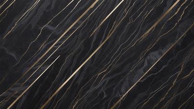 The primary subject of the image is a black marble countertop with gold streaks. The setting is a kitchen, and the visual style is a close-up of the marble countertop. The dominant colors are black and gold, creating a luxurious and elegant atmosphere.