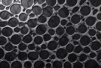 The primary subject of the image is a pattern of circles, which are arranged in a visually appealing manner. The setting is a black background, which contrasts with the circles, creating a striking visual effect. The visual style of the image is a combination of photo and digital art, as it appears to be a close-up of a patterned surface. The dominant colors in the image are black and silver, giving the overall atmosphere a modern and sleek appearance.