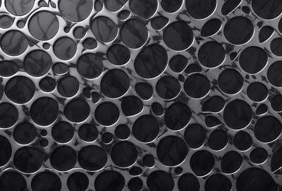 The primary subject of the image is a pattern of circles, which are arranged in a visually appealing manner. The setting is a black background, which contrasts with the circles, creating a striking visual effect. The visual style of the image is a combination of photo and digital art, as it appears to be a close-up of a patterned surface. The dominant colors in the image are black and silver, giving the overall atmosphere a modern and sleek appearance.