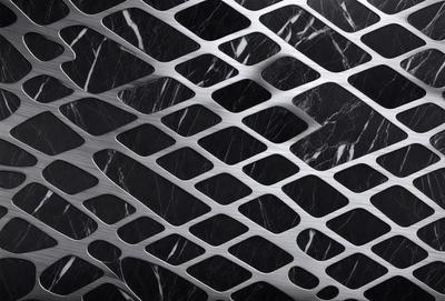 The primary subject of the image is a close-up of a metal grate or a patterned metal surface. The setting is a black marble countertop, which serves as the background. The visual style is a combination of a photo and a digital art or illustration, as the metal grate appears to be a patterned metal surface. The colors in the image are predominantly black and silver, creating a sleek and modern atmosphere.