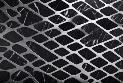 The primary subject of the image is a close-up of a metal grate or a patterned metal surface. The setting is a black marble countertop, which serves as the background. The visual style is a combination of a photo and a digital art or illustration, as the metal grate appears to be a patterned metal surface. The colors in the image are predominantly black and silver, creating a sleek and modern atmosphere.