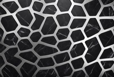 The primary subject of the image is a close-up of a marble pattern, which appears to be a metal or stone surface. The setting is a black and white photo, giving it a classic and timeless feel. The visual style is a combination of a pattern and a texture, creating a unique and intricate design. The colors and mood of the image are predominantly black and white, with a touch of gray, giving it a sophisticated and elegant appearance.