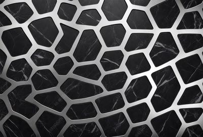 The primary subject of the image is a close-up of a marble pattern, which appears to be a metal or stone surface. The setting is a black and white background, which adds a sense of contrast and depth to the image. The visual style is a combination of a photo and a pattern, creating a unique and intricate design. The colors and mood of the image are predominantly black and white, giving it a classic and elegant appearance.