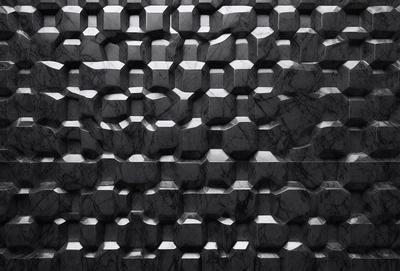 The primary subject of the image is a marble wall with a pattern of squares. The setting is a black and white photo, which gives the image a classic and timeless appearance. The visual style is a close-up of the marble wall, showcasing the intricate pattern of the squares. The colors and mood of the image are predominantly black and white, creating a sense of elegance and sophistication.