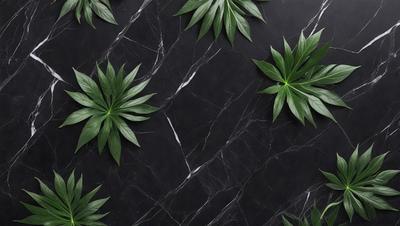 The primary subject of the image is a close-up of a marble countertop with a pattern of green leaves. The setting is a black background, which contrasts with the green leaves. The visual style is a combination of a photo and digital art, creating a unique and intricate pattern. The colors and mood of the image are predominantly green, giving it a fresh and lively atmosphere.