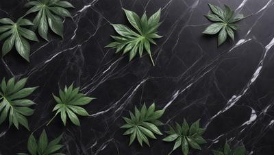 The primary subject of the image is a close-up of a green leaf, which is part of a larger arrangement of green leaves. The setting is a black marble surface, which serves as the background for the arrangement of leaves. The visual style is a close-up of the leaf, emphasizing its texture and details. The colors and mood of the image are predominantly green, creating a natural and serene atmosphere.