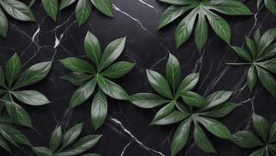 The primary subject of the image is a close-up of a green leaf, which is part of a larger group of green leaves. The leaves are arranged in a pattern on a black marble surface, creating a visually striking scene. The visual style of the image is a close-up of the leaf, emphasizing its texture and details. The colors and mood of the image are predominantly green, giving it a fresh and natural atmosphere.