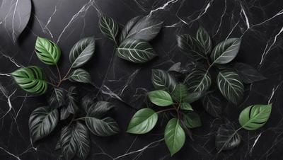 The primary subject of the image is a group of green leaves, which are displayed on a black marble surface. The leaves are arranged in a way that creates a visually appealing and natural-looking display. The setting is a black marble countertop, which serves as the background for the leaves. The visual style of the image is a close-up of the leaves, showcasing their intricate details and textures. The colors and mood of the image are predominantly black and green, giving it a calm and ser