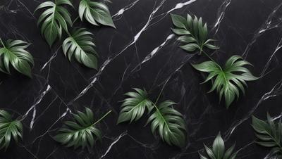 The image features a black marble wall with a pattern of green leaves. The leaves are arranged in a way that they appear to be growing out of the wall, creating a unique and visually appealing effect. The green leaves are the primary subject of the image, and they are the main focus of the scene. The setting is a black marble wall, which serves as the background for the leaves. The visual style of the image is a combination of nature and modern design, as the green leaves are digitally arranged on the black marble