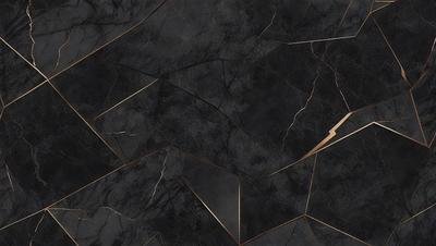 The primary subject of the image is a black and gold marble tile. The setting is a black marble countertop, and the visual style is a close-up of the tile. The colors and mood of the image are dark and sophisticated, with the gold accents adding a touch of luxury.