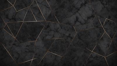 The primary subject of the image is a black and gold marble tile pattern. The setting is a black marble surface, and the visual style is a close-up of the tile pattern. The colors and mood of the image are predominantly black and gold, creating a sophisticated and elegant atmosphere.