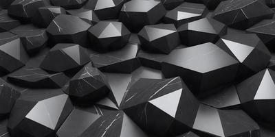 The primary subject of the image is a large collection of black geometric shapes, which are arranged in a visually striking pattern. The setting is a black marble surface, which serves as the backdrop for the shapes. The visual style of the image is a combination of photo and digital art, creating a unique and intriguing composition. The dominant colors in the image are black and grey, giving the scene a sleek and modern appearance.