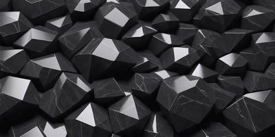 The primary subject of the image is a large collection of black and silver geometric shapes, such as triangles and cubes, arranged closely together. The setting is a black and white background, which adds a sense of contrast and depth to the scene. The visual style is a combination of photo and digital art, creating a unique and intriguing pattern. The dominant colors are black and silver, with the black background and silver geometric shapes creating a striking and modern mood.