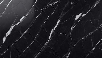 The primary subject of the image is a marble countertop with a black and white pattern. The setting is a kitchen, and the visual style is a close-up of the marble countertop. The colors and mood of the image are predominantly black and white, giving it a classic and elegant appearance.