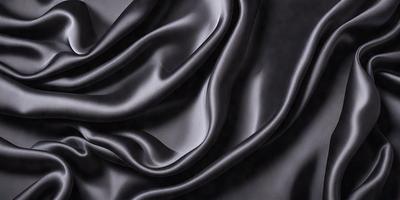 The primary subject of the image is a close-up of a black fabric, possibly a piece of silk or velvet. The setting is a dark background, which emphasizes the fabric's texture and color. The visual style is a detailed, up-close view of the fabric, showcasing its intricate patterns and texture. The colors and mood of the image are predominantly dark, with the black fabric serving as the focal point and creating a sense of sophistication and luxury.
