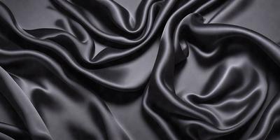 The primary subject of the image is a close-up of a black fabric, possibly a piece of clothing or a curtain. The setting is a dark background, which emphasizes the fabric's texture and pattern. The visual style appears to be a photo, as it captures the details of the fabric. The colors and mood of the image are predominantly dark, with the black fabric being the main focus.