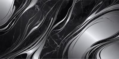 The primary subject of the image is a black and silver marble pattern. The setting is a black background, and the visual style appears to be a combination of a photo and digital art. The dominant colors are black and silver, creating a sleek and modern atmosphere.