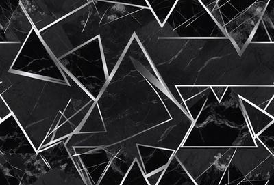 The primary subject of the image is a black and white pattern of triangles, which are arranged in a geometric design. The setting is a black background, which contrasts with the white triangles. The visual style is a combination of digital art and illustration, creating a unique and artistic pattern. The colors and mood of the image are predominantly black and white, giving it a modern and minimalist appearance.
