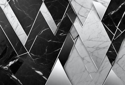 The primary subject of the image is a patterned marble wall. The setting is a room with a black and white marble wall, which is the main focus of the image. The visual style is a close-up of the marble wall, showcasing its intricate pattern. The colors and mood of the image are predominantly black and white, giving it a classic and elegant appearance.