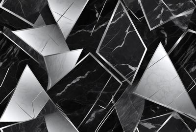 The primary subject of the image is a black and white pattern of metal squares. The setting is a black background, and the visual style appears to be a combination of a photo and digital art. The dominant colors are black and white, creating a classic and elegant atmosphere.