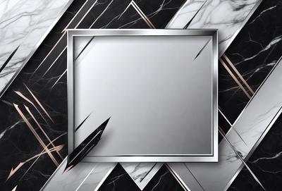 The primary subject of the image is a large, empty mirror with a silver frame. The mirror is placed on a black and white marble surface, which serves as the setting and background of the scene. The visual style of the image is a combination of photo and digital art, creating a unique and artistic representation of the mirror. The colors and mood of the image are predominantly black and white, giving it a classic and elegant appearance.