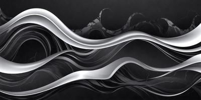 The primary subject of the image is a silver, flowing, and curling design. The setting is a black background, which contrasts with the silver design. The visual style is a combination of digital art and illustration, creating a unique and eye-catching pattern. The colors and mood of the image are predominantly silver and black, giving it a modern and sleek appearance.