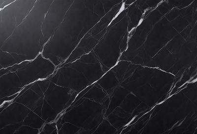 The primary subject of the image is a black marble countertop. The setting is a kitchen, with the countertop being the main focus of the scene. The visual style is a close-up of the marble countertop, showcasing its texture and pattern. The colors and mood of the image are predominantly dark, with the black marble countertop being the main source of contrast.