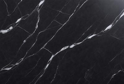 The primary subject of the image is a marble countertop with a black and white pattern. The setting is a kitchen, and the visual style is a close-up of the marble countertop. The colors and mood of the image are predominantly black and white, giving it a classic and elegant appearance.