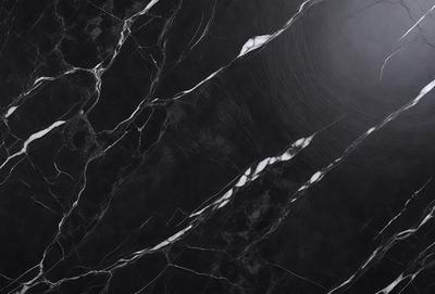 The primary subject of the image is a black marble countertop. The setting is a kitchen, with the countertop being the main focus of the scene. The visual style is a close-up of the marble countertop, showcasing its texture and pattern. The colors and mood of the image are predominantly dark, with the black marble countertop being the main source of contrast.