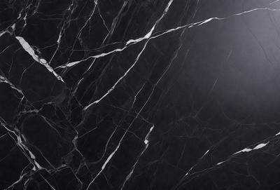 The primary subject of the image is a marble wall with a black background. The setting is a room with a black marble floor. The visual style is a close-up of the marble wall, showcasing its texture and pattern. The colors and mood of the image are predominantly black, giving it a sleek and modern appearance.