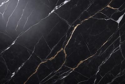The primary subject of the image is a marble countertop with a gold-colored pattern. The setting is a kitchen, and the visual style is a close-up of the marble countertop. The colors and mood of the image are predominantly black and gold, giving it a luxurious and elegant appearance.