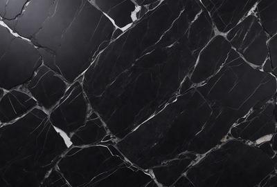 The primary subject of the image is a black marble countertop. The setting is a kitchen, with the countertop being the main focus of the scene. The visual style is a close-up of the marble countertop, showcasing its texture and pattern. The colors and mood of the image are predominantly dark, with the black marble providing a striking contrast against the surrounding environment.