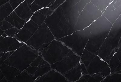 The primary subject of the image is a black marble countertop. The setting is a kitchen, with the countertop being the main focus of the scene. The visual style is a close-up of the marble countertop, showcasing its texture and pattern. The colors and mood of the image are predominantly dark, with the black marble countertop being the main source of contrast.