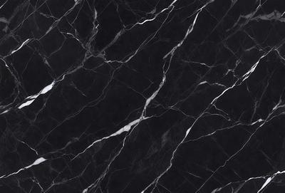 The primary subject of the image is a marble countertop with a black and white pattern. The setting is a kitchen, and the visual style is a close-up of the marble countertop. The colors and mood of the image are predominantly black and white, giving it a classic and elegant appearance.