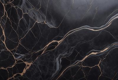 The primary subject of the image is a close-up of a marble countertop with a black background. The setting is a kitchen or bathroom counter, and the visual style is a photo. The countertop has a black and gold color scheme, giving it a luxurious and elegant appearance.