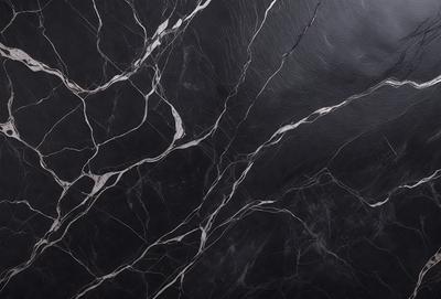 The primary subject of the image is a marble wall with a black background. The setting is a room with a black countertop. The visual style is a close-up of the marble wall, showcasing its texture and pattern. The colors and mood of the image are predominantly black and white, giving it a sleek and modern appearance.