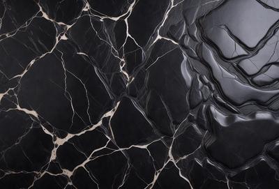 The primary subject of the image is a close-up of a black marble countertop. The setting is a kitchen, with the countertop being the main focus of the scene. The visual style is a photo, capturing the intricate details of the marble surface. The colors and mood of the image are predominantly dark, with the black marble providing a striking contrast against the lighter background.